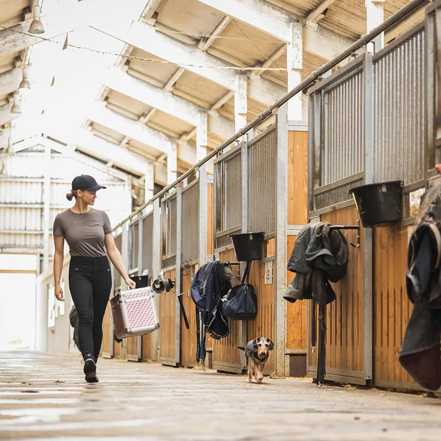 Dieses Bild zeigt Mira mit einem Hund in der Stallgasse.
